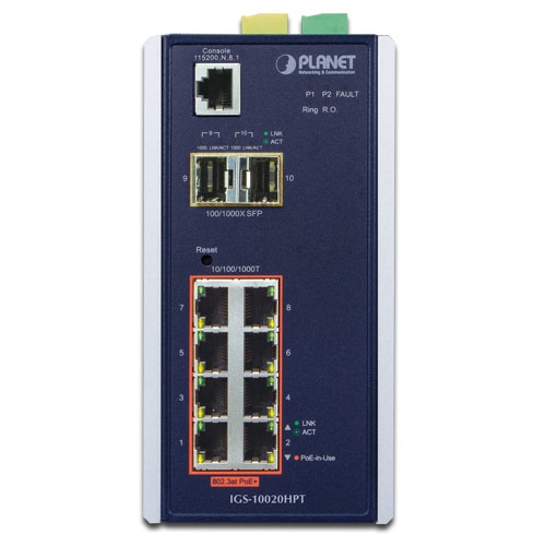 Planet Industrial 8-port 10/100/1000T 802.3at PoE + 2-port 1G/2.5G SFP Managed Switch