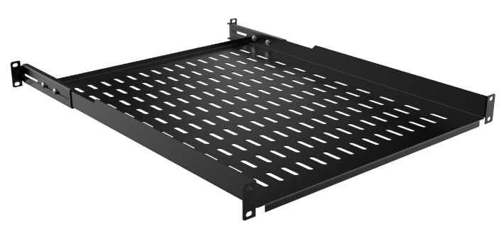 Mirsan 19inch 1U, 4-Point Connected Ventilated Shelf, Black (Dimensions Width 482mm, Height 44mm, Depth 550mm, [Max Depth 605mm, Min Depth 577mm])