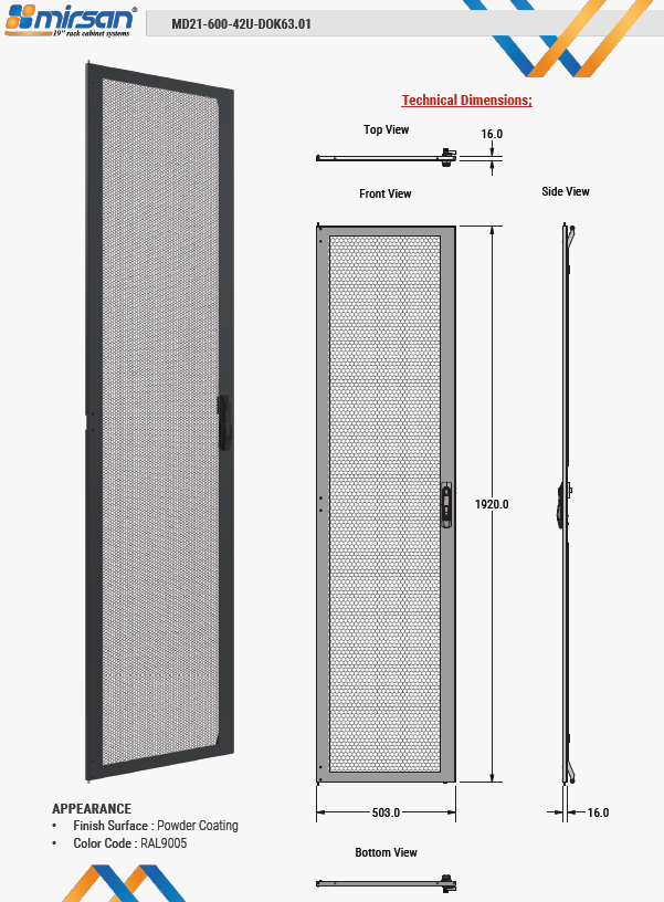 Mirsan, W=600mm 42U GTV AND GTN 63% PERFORATED FRONT DOOR MODULE BLACK