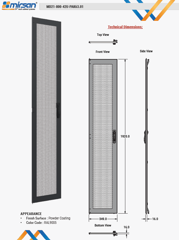 Mirsan W=800mm 42U GTV AND GTN 63% PERFORATED DOOR MODULE LOCK SIDE BLACK