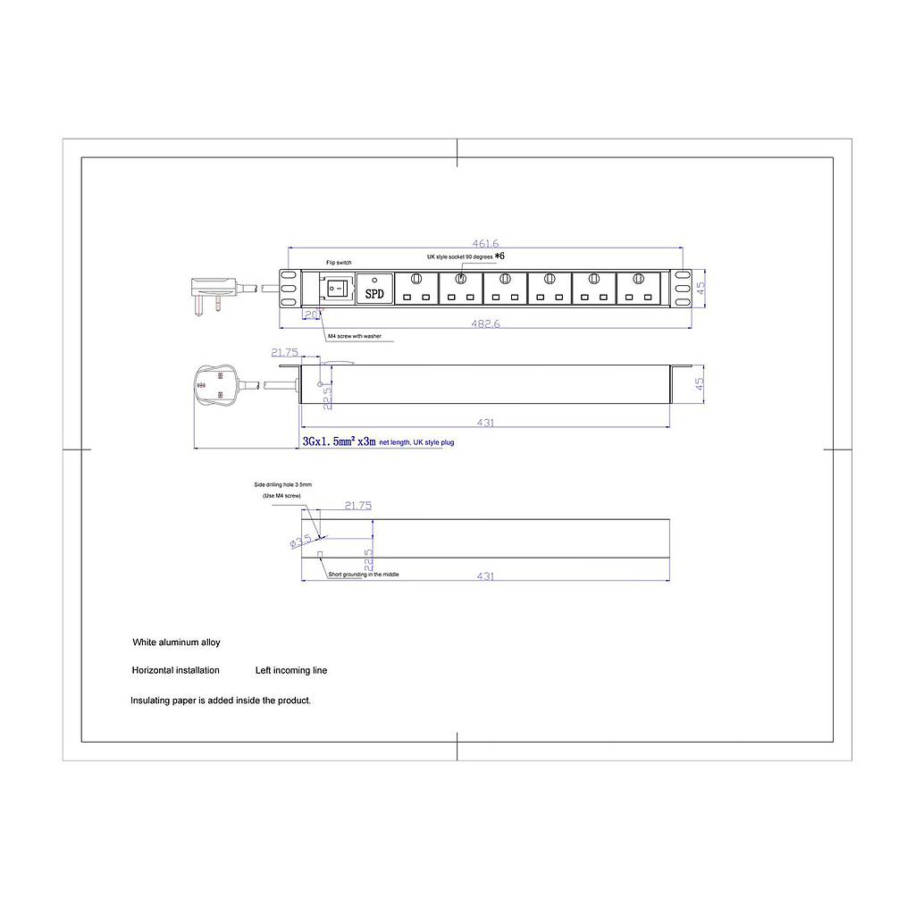 19&quot; 1U 6-Way Horizontal PDU with Switch, SPD Protector &amp; 13A Plug