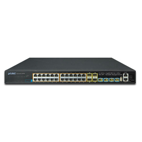 Layer 3 24-Port 10/100/1000T 802.3at PoE with 4-port shared 100/1000X SFP + 4-Port 10G SFP+ Stackable Managed Gigabit Switch (370W, Multicast Routing: PIM-DM/SM, DVM RP)