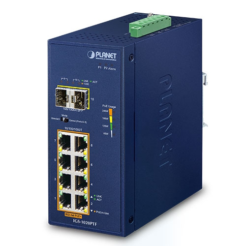 Planet Industrial 8-Port 10/100/1000T 802.3at PoE + 2-Port 100/1000X SFP Unmanaged Ethernet Switch