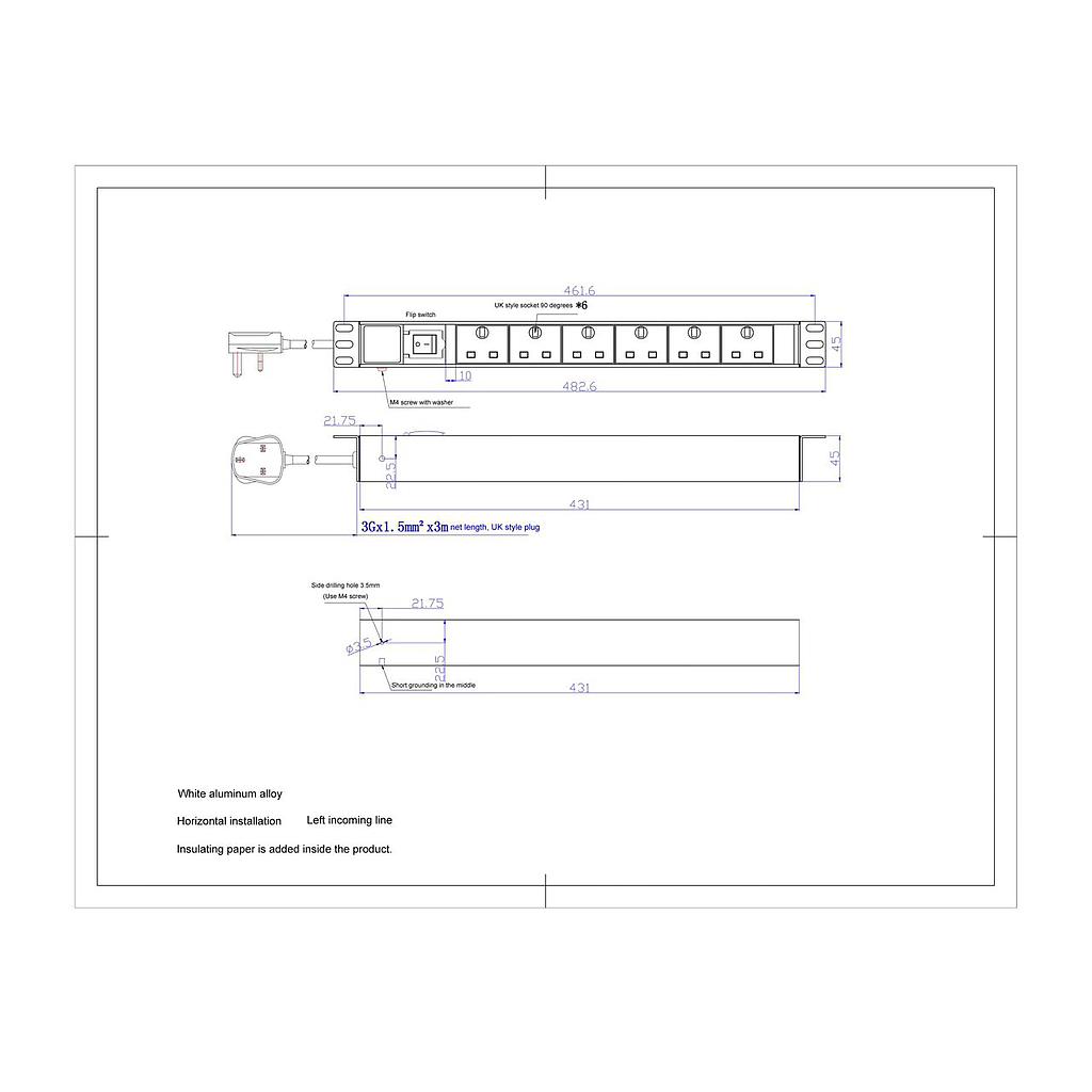 19&quot; 1U 6-Way Horizontal PDU with Switch &amp; 13A Plug