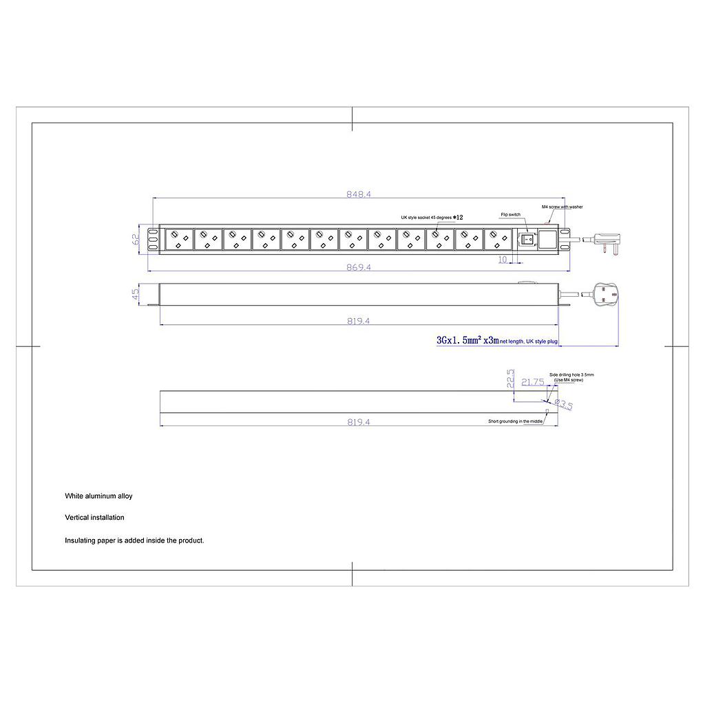 1.5U 12-Way Vertical (45°) PDU with Switch &amp; 13A Plug